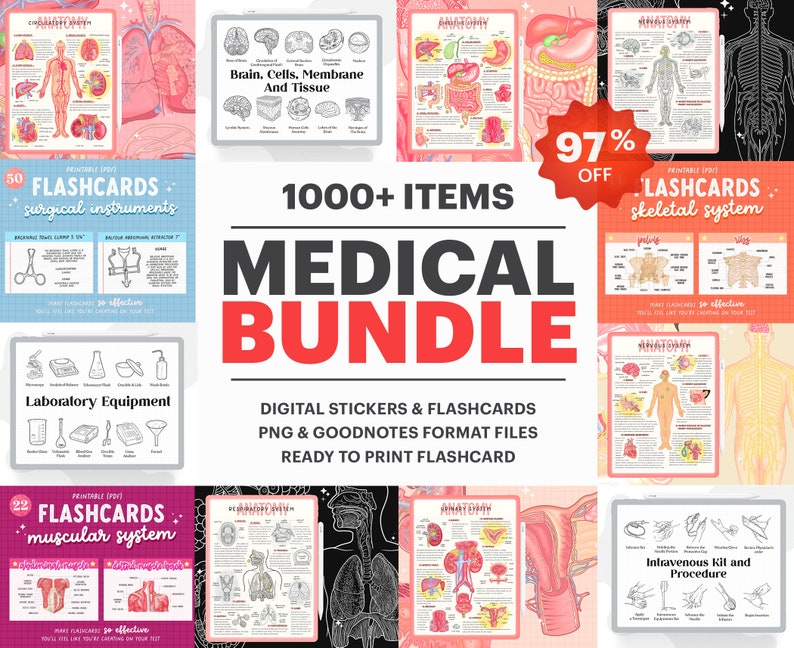 1000+ Medical Bundle, Goodnotes Sticker, Medical Flashcards, Digital Stickers, Anatomy Typography SVG, + 5 Ebooks